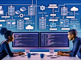 Zwei Entwickler arbeiten an großen Bildschirmen mit Directus Admin UI, Code und Docker-Terminals, umgeben von Cloud- und Datenbankdiagrammen.