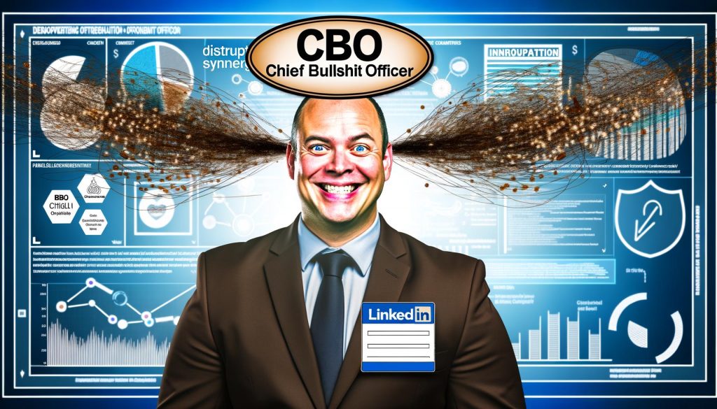 Lächelnde Person im Anzug als Chief Bullshit Officer mit großem CBO-Badge, umgeben von Buzzwords wie Disruption, Synergy und Innovation in Sprechblasen, vor stilisierten PowerPoint-Folien und digitalen Arbeitswelt-Symbolen.