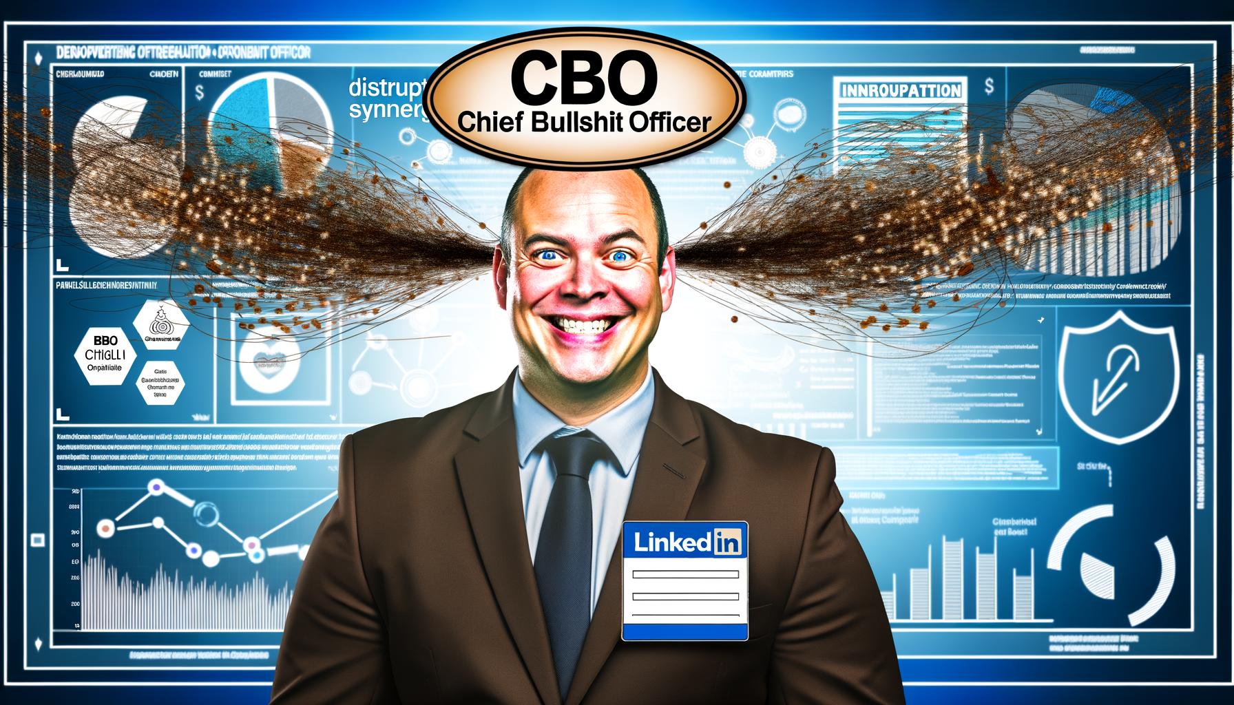 Lächelnde Person im Anzug als Chief Bullshit Officer mit großem CBO-Badge, umgeben von Buzzwords wie Disruption, Synergy und Innovation in Sprechblasen, vor stilisierten PowerPoint-Folien und digitalen Arbeitswelt-Symbolen.