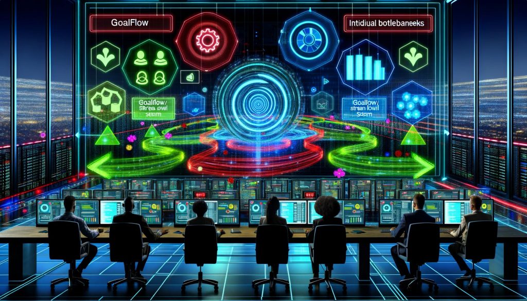 Digitales Steuerzentrum mit diversen Professionals an Hightech-Arbeitsplätzen, umgeben von holografischen Dashboards, AI-Icons, KPI-Grafiken und farbcodierten Flussdiagrammen, mit Serverracks im Hintergrund