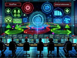 Digitales Steuerzentrum mit diversen Professionals an Hightech-Arbeitsplätzen, umgeben von holografischen Dashboards, AI-Icons, KPI-Grafiken und farbcodierten Flussdiagrammen, mit Serverracks im Hintergrund