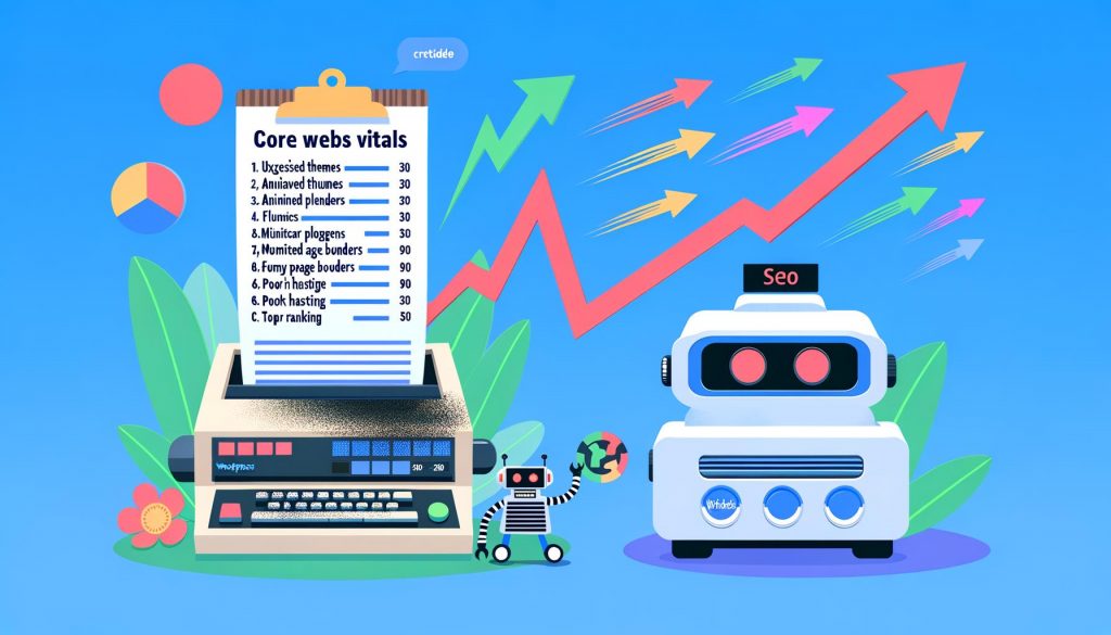 Infografiken und Illustrationen zum WordPress Pagespeed Guide: Vergleich zwischen langsamer, überladener Website und schneller, moderner Seite, Google-Ranking-Kurve, Performance-Killer, moderner SEO-Roboter, Optimierungs-Roadmap und Monitoring-Szene.