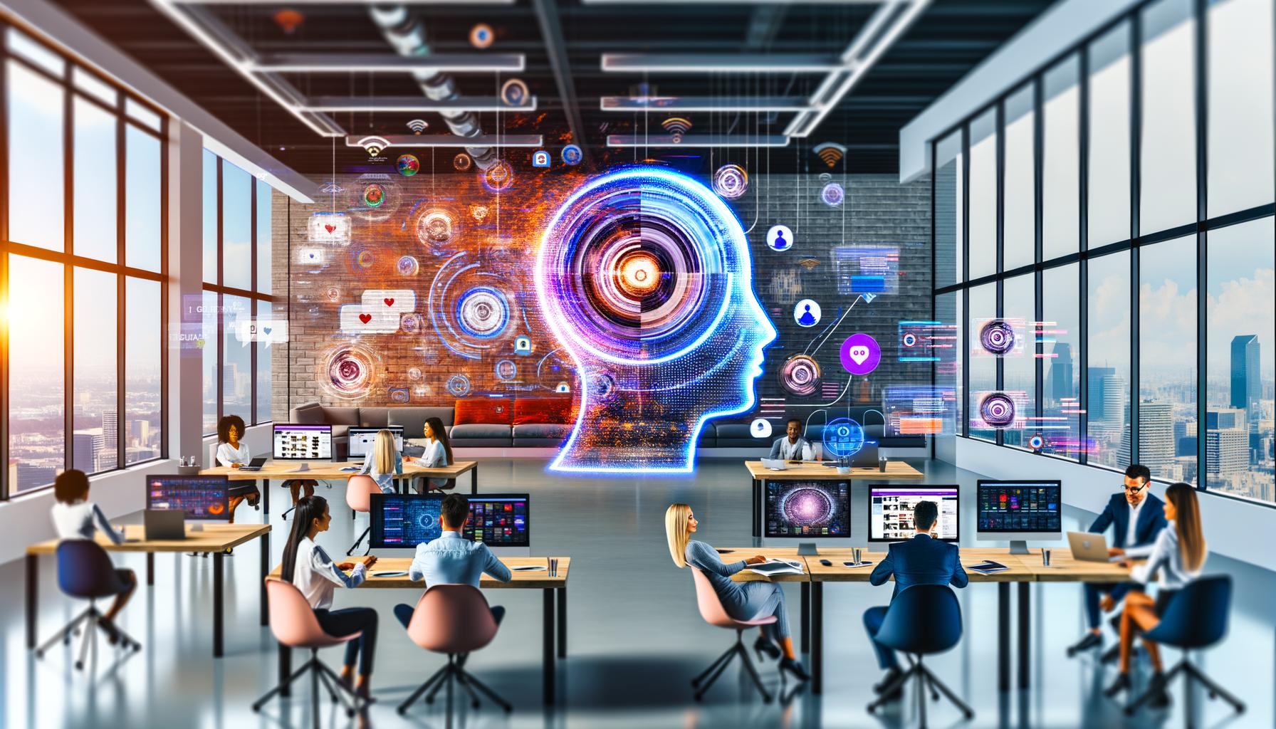 Marketingexperten an Laptops und Monitoren in einem modernen Büro, KI-Analyse und Social Media Monitoring, abstrakter Digital Assistant, Datenvisualisierungen