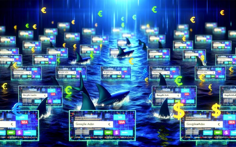 Geschäftshaie mit Geldsymbolen schwimmen in einem cyberblauen Ozean, während Keywords und digitale Banner für Suchmaschinenwerbung umgeben sind.