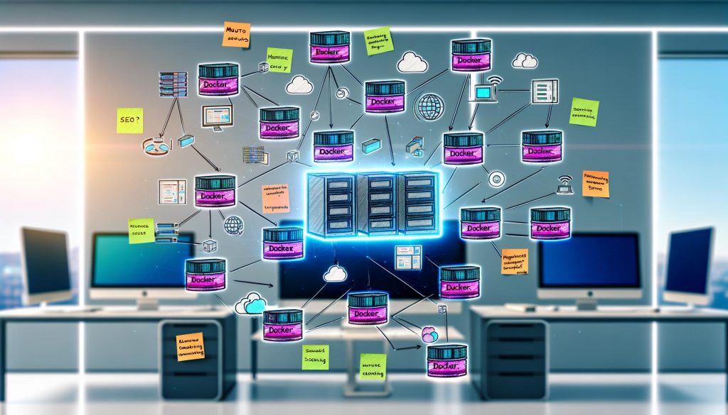 Digitales Marketingteam arbeitet in moderner Büroumgebung an Monitoren mit Docker Compose-Orchestrierung für Tools wie Matomo, Mautic, Hugo, Datenbanken und Headless Chrome Crawler. Hervorgehobene Sicherheits- und Performance-Hinweise.