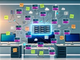 Digitales Marketingteam arbeitet in moderner Büroumgebung an Monitoren mit Docker Compose-Orchestrierung für Tools wie Matomo, Mautic, Hugo, Datenbanken und Headless Chrome Crawler. Hervorgehobene Sicherheits- und Performance-Hinweise.