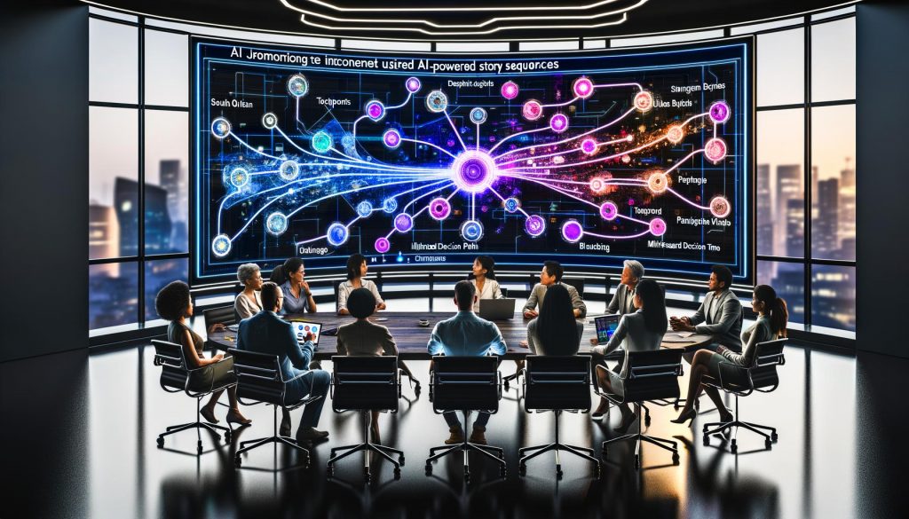 Marketing-Team umgeben von Laptops und virtuellen Dashboards analysiert auf einem großen digitalen Bildschirm einen interaktiven KI-Flowchart mit dynamischen Nutzerreisen in moderner Hightech-Umgebung.