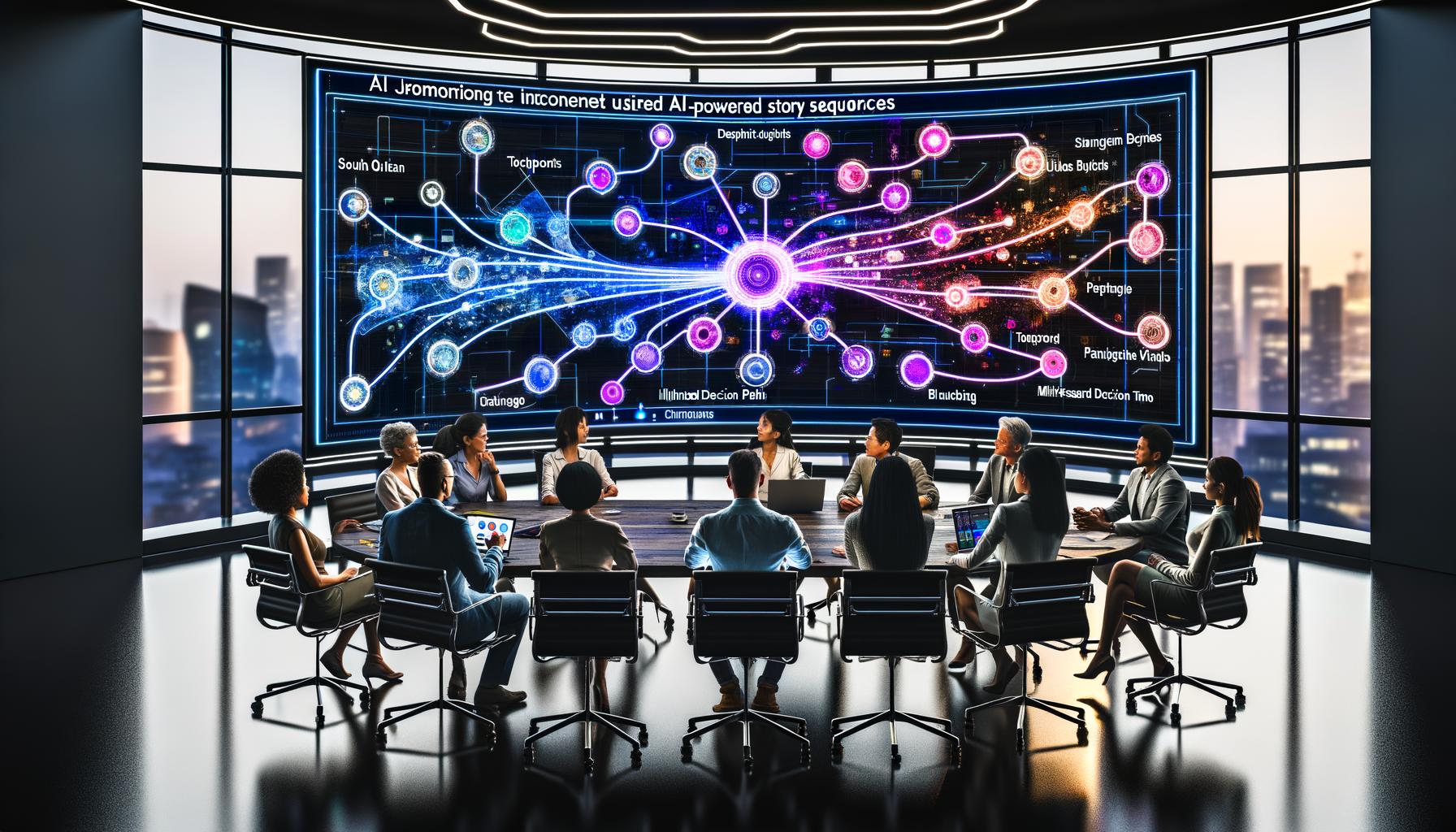 Marketing-Team umgeben von Laptops und virtuellen Dashboards analysiert auf einem großen digitalen Bildschirm einen interaktiven KI-Flowchart mit dynamischen Nutzerreisen in moderner Hightech-Umgebung.