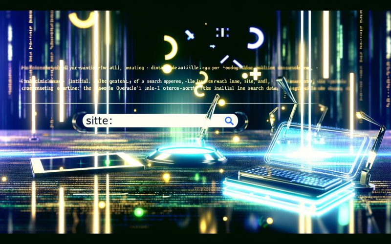 Futuristischer Schreibtisch mit modernen Gadgets, holographischen Suchoperatoren und kreisenden Datenströmen vor digitalem Google-Suchfenster.