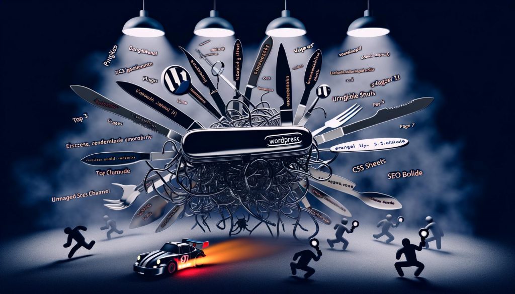 Illustration eines auseinanderberstenden, überdesignten WordPress-Schweizer Taschenmessers mit verstreuten Plugins, Code, CSS-Blättern und Datenbanken; Google-Bots analysieren das Chaos und ein Rennwagen mit 'SEO Bolide' kämpft Richtung Google-Top-3-Podium.
