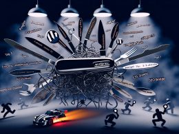 Illustration eines auseinanderberstenden, überdesignten WordPress-Schweizer Taschenmessers mit verstreuten Plugins, Code, CSS-Blättern und Datenbanken; Google-Bots analysieren das Chaos und ein Rennwagen mit 'SEO Bolide' kämpft Richtung Google-Top-3-Podium.