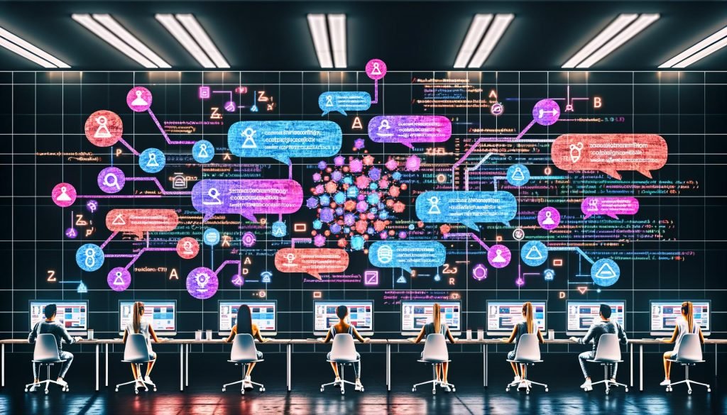 Illustration eines modernen Digital Marketing Command Centers mit Team an vernetzten Dashboards, KI-gesteuerten Workflows und holografischen Social Media Templates.