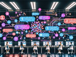 Illustration eines modernen Digital Marketing Command Centers mit Team an vernetzten Dashboards, KI-gesteuerten Workflows und holografischen Social Media Templates.