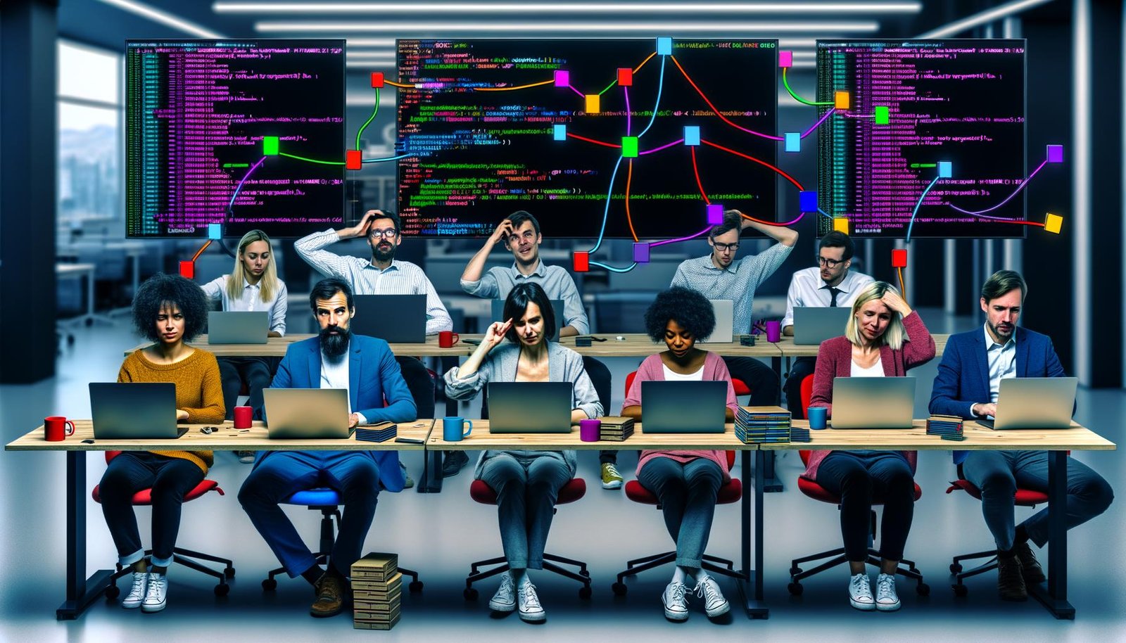 Entwicklerteam im modernen Büro mit Laptops, Docker-Symbolen, Container-Setups und großen Monitoren mit DevOps-Konfigurationen