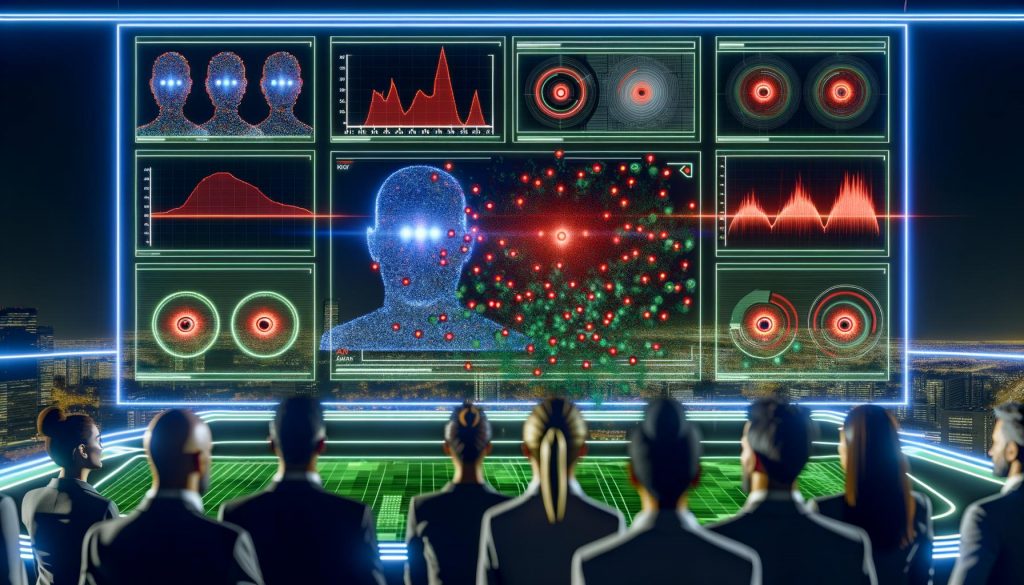 Futuristische Marketing-Kommandozentrale bei Nacht mit KI-Hologramm, leuchtenden Dashboards, Heatmaps, Attention-Kurven, Marketern und digitalen Icons in technoider Atmosphäre.