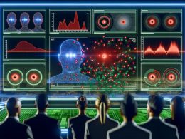 Futuristische Marketing-Kommandozentrale bei Nacht mit KI-Hologramm, leuchtenden Dashboards, Heatmaps, Attention-Kurven, Marketern und digitalen Icons in technoider Atmosphäre.