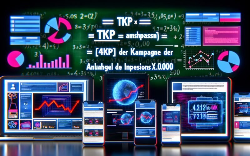 Modernes digitales Marketing-Dashboard zeigt anschaulich die TKP-Formel mit Datenvisualisierungen, Display- und Videoanzeigen auf verschiedenen Geräten, Impression-Zählung und innovative Werbeanalyse.