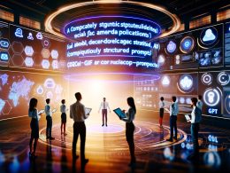 Junge Social Media Expert:innen vor einer riesigen, leuchtenden Wand voller Social Media Posts, Diagramme und auf einem Bildschirm ein komplexer GPT-Prompt; im Vordergrund ein selbstbewusster Social Media Manager mit Notizblock. Atmosphärisch technisch und dynamisch, mit Plattform-Icons und Notification-Elementen.