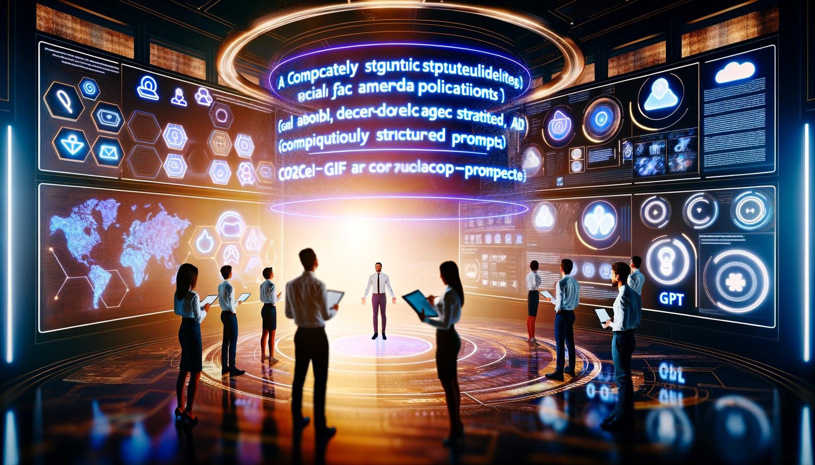 Junge Social Media Expert:innen vor einer riesigen, leuchtenden Wand voller Social Media Posts, Diagramme und auf einem Bildschirm ein komplexer GPT-Prompt; im Vordergrund ein selbstbewusster Social Media Manager mit Notizblock. Atmosphärisch technisch und dynamisch, mit Plattform-Icons und Notification-Elementen.