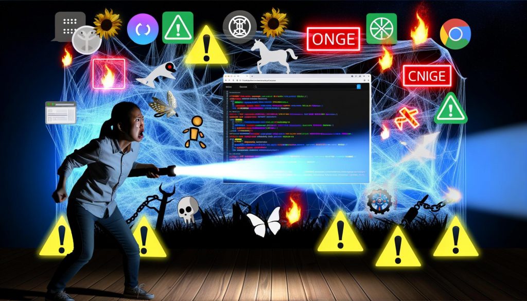 Frustrierter Website-Besitzer mit Taschenlampe vor einem überfüllten WordPress-Dashboard, umgeben von Warnsymbolen und Core Web Vitals-Anzeigen, im Hintergrund durchgestrichene Einhorn- und Feensilhouetten.