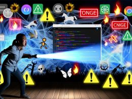 Frustrierter Website-Besitzer mit Taschenlampe vor einem überfüllten WordPress-Dashboard, umgeben von Warnsymbolen und Core Web Vitals-Anzeigen, im Hintergrund durchgestrichene Einhorn- und Feensilhouetten.