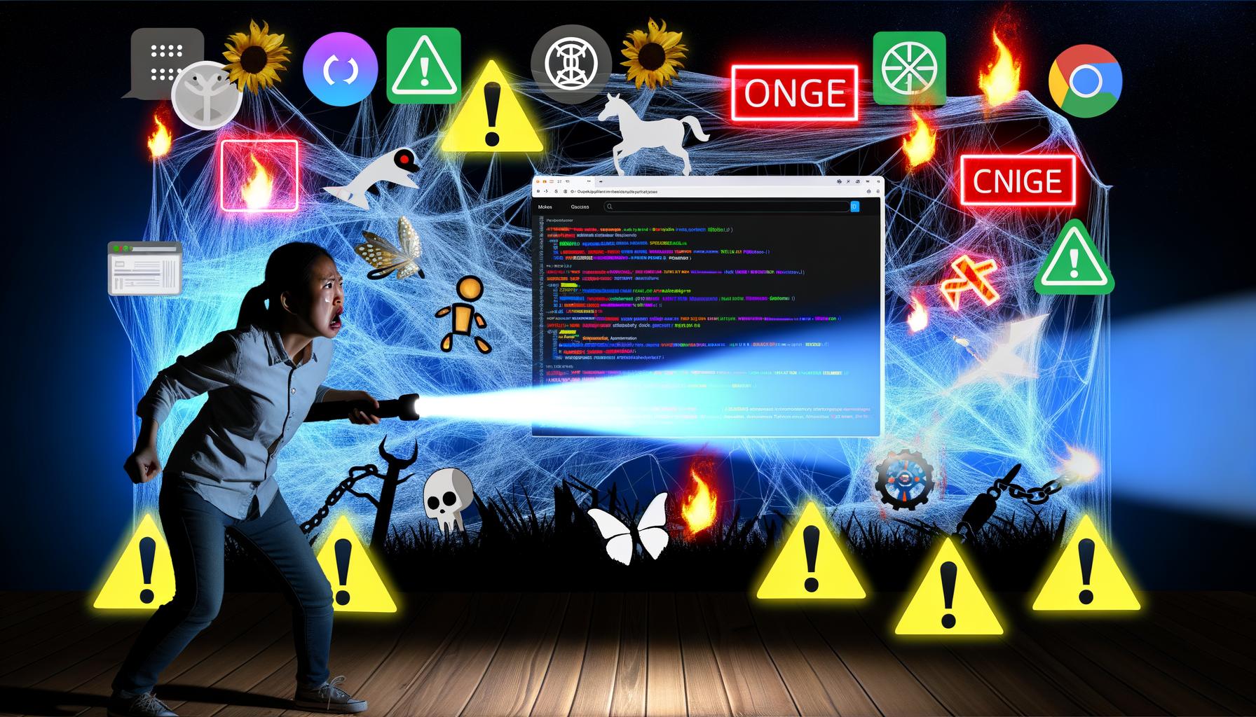 Frustrierter Website-Besitzer mit Taschenlampe vor einem überfüllten WordPress-Dashboard, umgeben von Warnsymbolen und Core Web Vitals-Anzeigen, im Hintergrund durchgestrichene Einhorn- und Feensilhouetten.