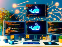 Moderner Entwickler-Arbeitsplatz mit Docker, Code-Editoren und vernetzten Containern. Vibrantes Büroumfeld mit Kaffee, Tastatur und Pflanze.