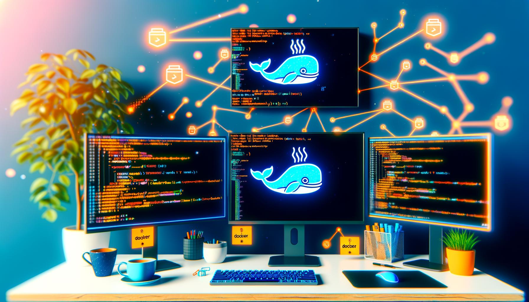 Moderner Entwickler-Arbeitsplatz mit Docker, Code-Editoren und vernetzten Containern. Vibrantes Büroumfeld mit Kaffee, Tastatur und Pflanze.