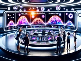Futuristische Kontrollraum-Szene mit internationalen Teams, die farbenfrohe Sentiment-Analysen, Wortwolken und Social Media-Feeds auf gebogenen Monitoren auswerten.