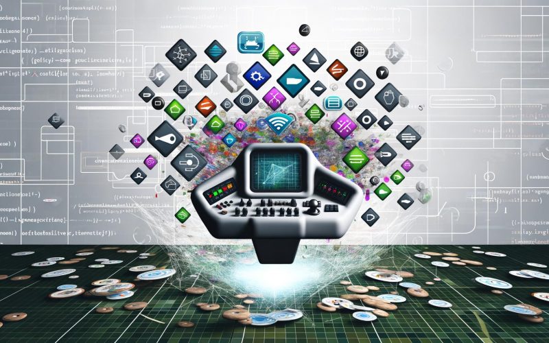 Abstrakte digitale Collage mit Cockpit und Datenströmen zu Marketing-Logos auf hellem Hintergrund