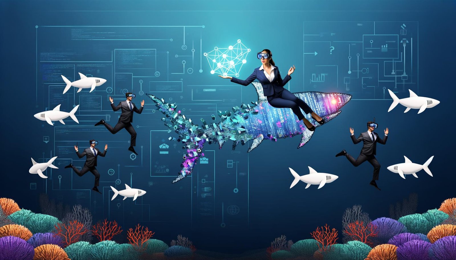 Metaphorische Unterwasserlandschaft mit Marketern als Taucher, AI-Code-Haien, leuchtender Prompt-Blaupause, digitalen Bauwerken und Social-Media-Icons zwischen Korallenriffen.