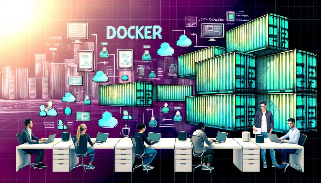 Illustration eines diversen Entwicklerteams an modernen Arbeitsplätzen mit Laptops und Monitoren, umgeben von Docker-Logos, Codeausschnitten und Containermotiven. Im Hintergrund große gestapelte Schiffscontainer und ein digitaler Bauplan, dazu das 404 Magazine Logo und eine selbstbewusste Überschrift.
