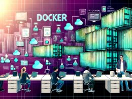 Illustration eines diversen Entwicklerteams an modernen Arbeitsplätzen mit Laptops und Monitoren, umgeben von Docker-Logos, Codeausschnitten und Containermotiven. Im Hintergrund große gestapelte Schiffscontainer und ein digitaler Bauplan, dazu das 404 Magazine Logo und eine selbstbewusste Überschrift.