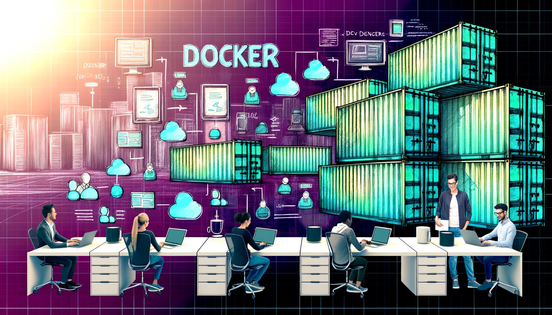 Illustration eines diversen Entwicklerteams an modernen Arbeitsplätzen mit Laptops und Monitoren, umgeben von Docker-Logos, Codeausschnitten und Containermotiven. Im Hintergrund große gestapelte Schiffscontainer und ein digitaler Bauplan, dazu das 404 Magazine Logo und eine selbstbewusste Überschrift.