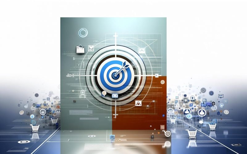 Digitales Zielscheibensymbol mit Datenpunkten, Analyse-Linien und Marketing-Icons auf Blau, Fokus auf eine kleine Zielgruppe, umgeben von unscharfen Werbesymbolen