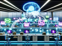 Futuristisches Büro mit KI, leuchtendem Brain-Visual, digitalen Dashboards, E-Mail-Streams und modernen Supportmitarbeitern an holografischen Bildschirmen.