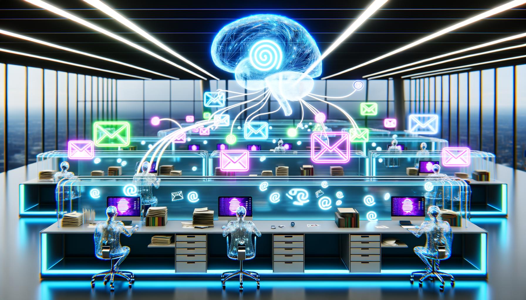 Futuristisches Büro mit KI, leuchtendem Brain-Visual, digitalen Dashboards, E-Mail-Streams und modernen Supportmitarbeitern an holografischen Bildschirmen.