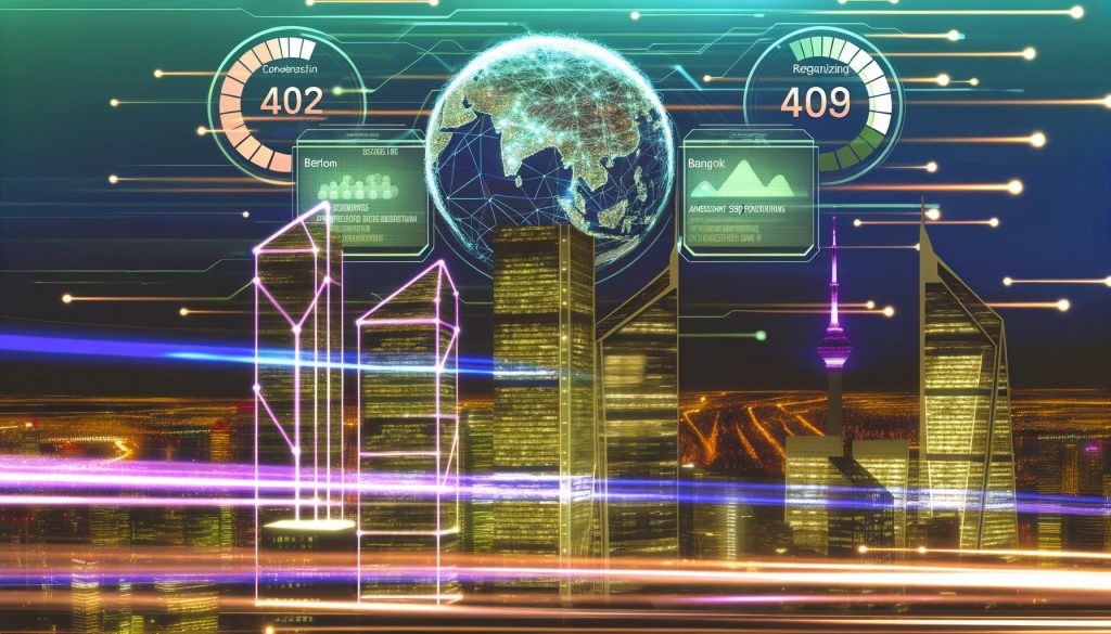 Moderne Großstadt bei Nacht mit Neonlicht-Datenströmen, Servern auf Dächern, Webmetriken Dashboard im Vordergrund und globaler Verbindung zwischen Berlin, Boston und Bangkok. Dezentes 404 Branding sichtbar.