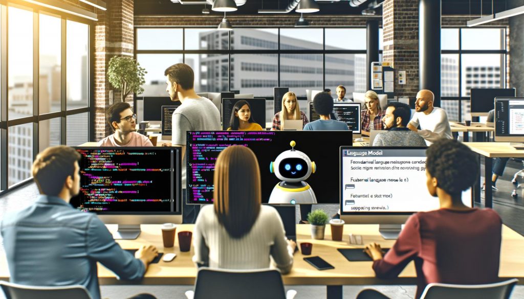 Modernes, diverses Entwicklerteam in einem offenen Großraumbüro beim Arbeiten mit KI-Support, digitalem Bildschirm mit GPT-Chatfenster, Stacktrace und KI-Avatar.