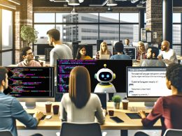 Modernes, diverses Entwicklerteam in einem offenen Großraumbüro beim Arbeiten mit KI-Support, digitalem Bildschirm mit GPT-Chatfenster, Stacktrace und KI-Avatar.