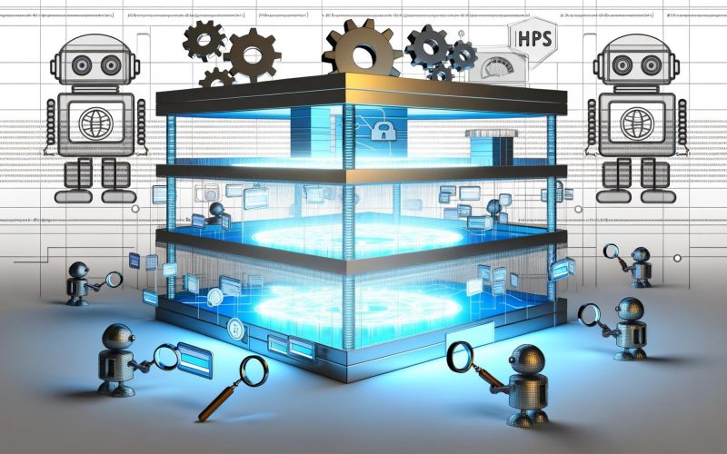 Querschnitt eines modernen Website-Architekturmodells mit Datentrassen, Zahnrädern, Sicherheits-Schildern und Roboter-Bots, dargestellt im cleanen technischen Stil.