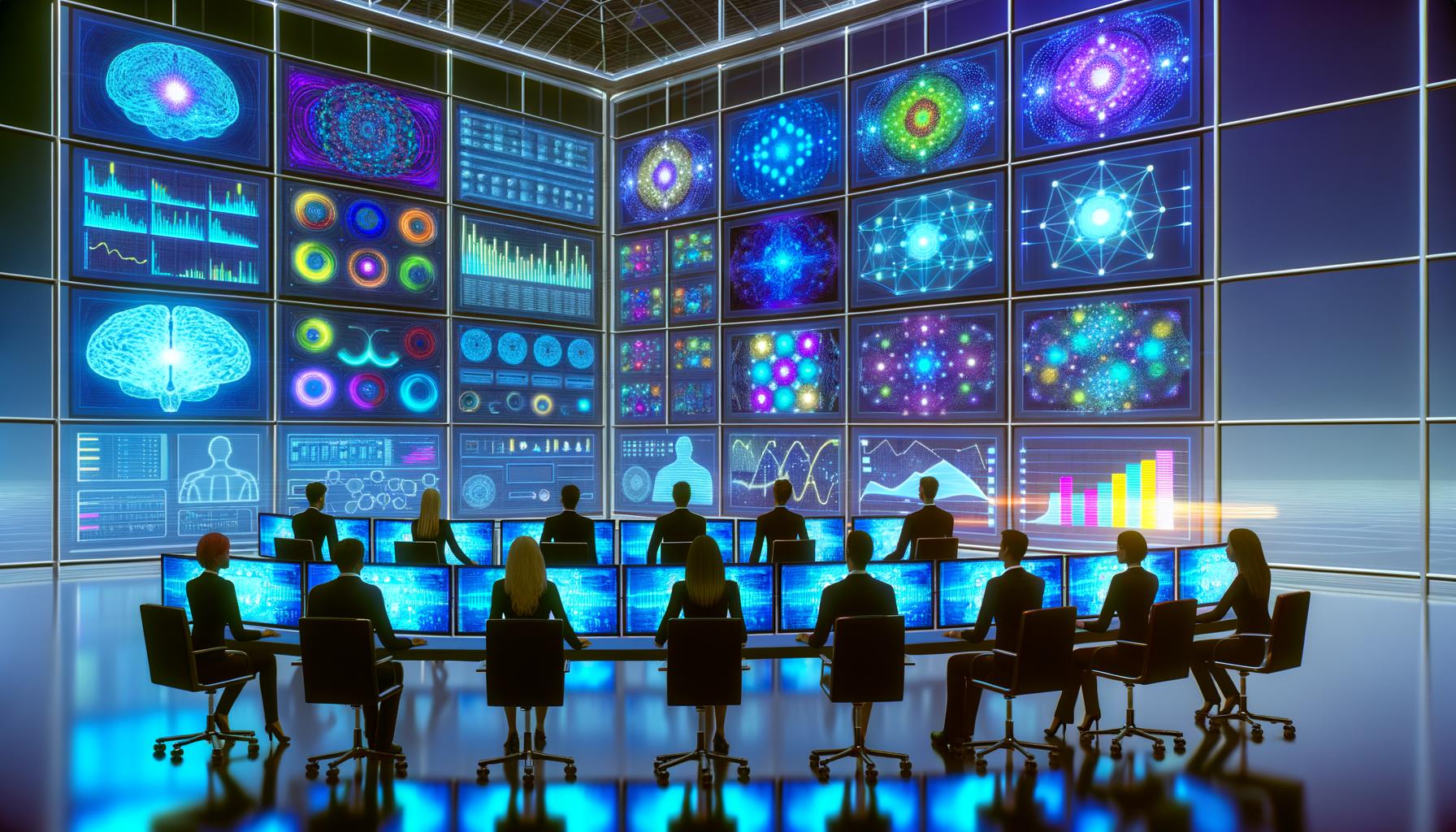 Diverses Team von Marketers und Data Scientists in einem modernen Kontrollzentrum mit großformatigen Dashboards für Datenanalysen und KI-Anwendungen.