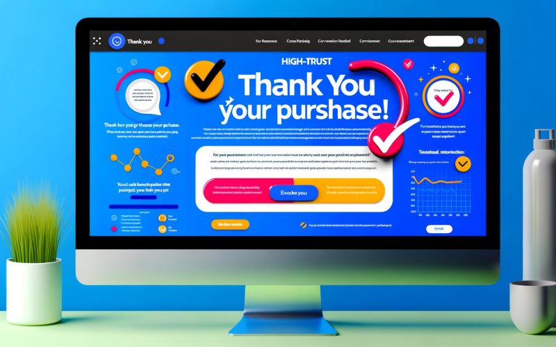 Digitale Illustration einer professionellen 'Danke für Ihren Kauf'-Webseite am PC mit Vertrauenssymbolen, Kundenmeinungen und Performance-Messung.