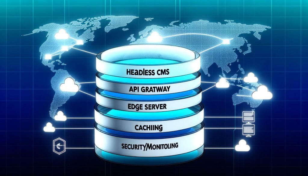 Stilisiertes, modernes Diagramm eines Content Delivery Stacks mit mehreren Ebenen: Headless CMS, API Gateway, CDN, Edge Server, Caching und Security/Monitoring, verbunden und auf globalem Internet-Hintergrund dargestellt.