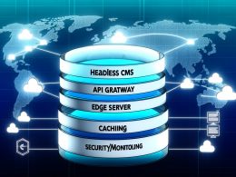 Stilisiertes, modernes Diagramm eines Content Delivery Stacks mit mehreren Ebenen: Headless CMS, API Gateway, CDN, Edge Server, Caching und Security/Monitoring, verbunden und auf globalem Internet-Hintergrund dargestellt.
