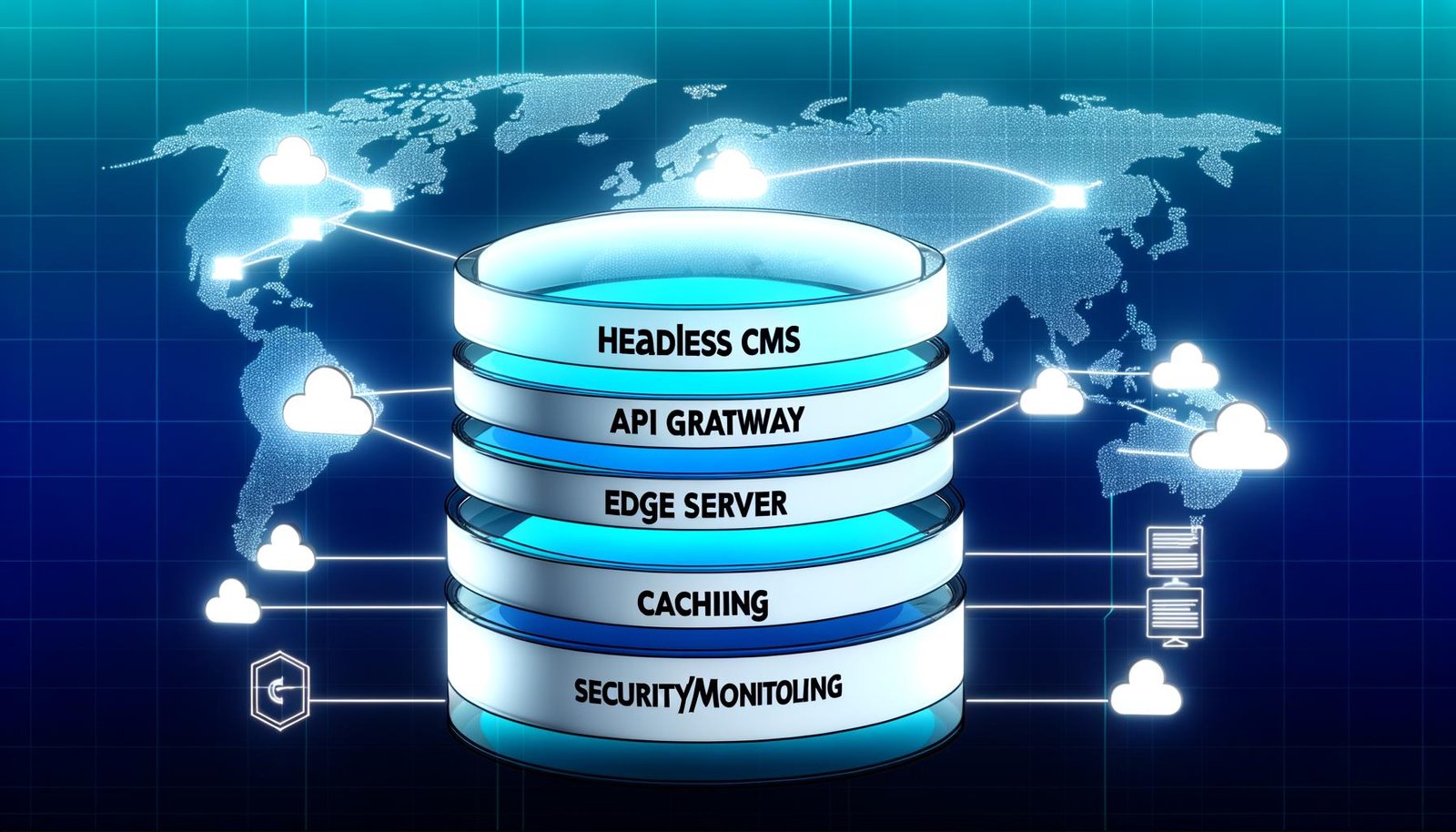 Stilisiertes, modernes Diagramm eines Content Delivery Stacks mit mehreren Ebenen: Headless CMS, API Gateway, CDN, Edge Server, Caching und Security/Monitoring, verbunden und auf globalem Internet-Hintergrund dargestellt.