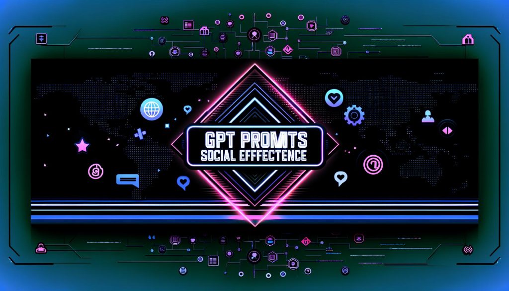 Neonfarbener, typografischer 'GPT PROMPTS SOCIAL EFFEKTIVITÄT'-Schriftzug schwebt über digitaler Social-Media-Landschaft mit Silhouetten von LinkedIn, Instagram, TikTok und X, umgeben von Daten-, Netzwerk- und Algorithmus-Icons auf dunklem Hintergrund.