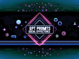 Neonfarbener, typografischer 'GPT PROMPTS SOCIAL EFFEKTIVITÄT'-Schriftzug schwebt über digitaler Social-Media-Landschaft mit Silhouetten von LinkedIn, Instagram, TikTok und X, umgeben von Daten-, Netzwerk- und Algorithmus-Icons auf dunklem Hintergrund.