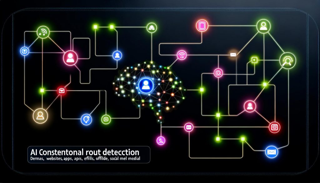 Leuchtendes neuronales Netzwerk mit farbigen Touchpoints und Nutzerverbindungen auf dunklem Hintergrund, Titel AI Contextual Route Detection.