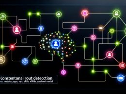Leuchtendes neuronales Netzwerk mit farbigen Touchpoints und Nutzerverbindungen auf dunklem Hintergrund, Titel AI Contextual Route Detection.